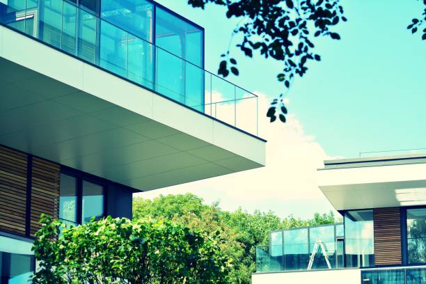 istock Modern apartment building exterior. Retro colors stylization 1020798834