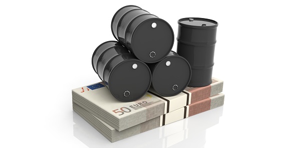 Black oil barrels on fifty euros banknotes. 3d illustration