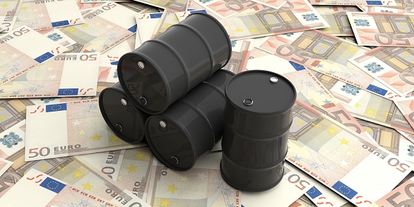 Black oil barrels on fifty euros banknotes. 3d illustration