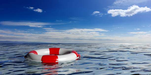 青い海を背景に人生のブイ。3 d イラストレーション - 救命浮輪 ストックフォトと画像