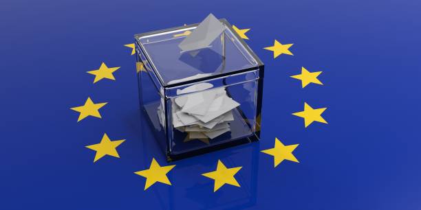 유럽 연합 깃발에 투표 상자입니다. 3 차원 일러스트 레이 션 - europe european union currency euro symbol european union flag 뉴스 사진 이미지