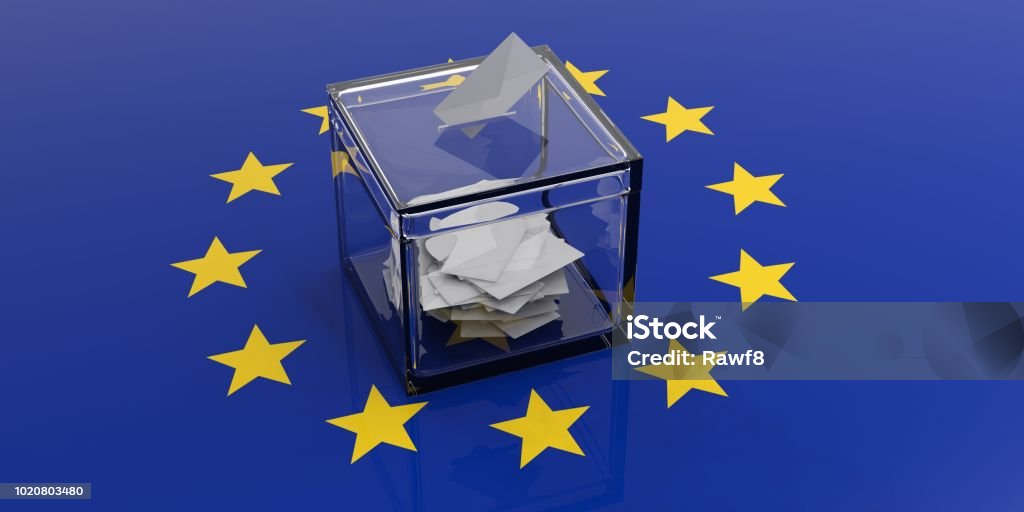 Ballot box on a european union flag. 3d illustration Ballot box on a european union flag background. 3d illustration Election Stock Photo