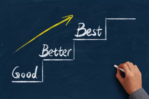 Good Better Best Good Better Best concept on the chalkboard with writing hand. sales win stock pictures, royalty-free photos & images