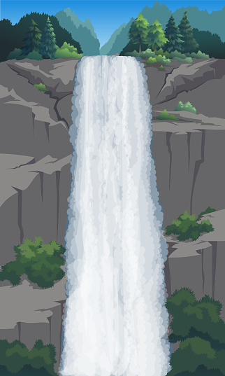 A tall waterfall plummets across a rocky cliff with foliage at top.