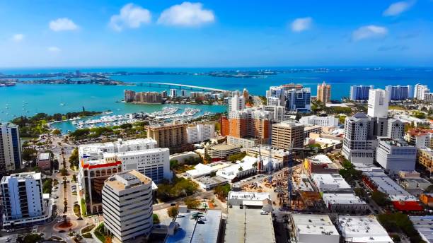 Aerial view of beautiful Downtown Sarasota, Florida View Longboat Key, Lido Key, and Downtown Sarasota from a birds eye view bay of water stock pictures, royalty-free photos & images