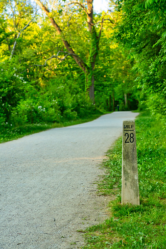 A mile marker on the towpath trail of the Ohio and Erie Canal in Cuyahoga Valley National Park near Cleveland