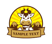 istock Cartoon Cow character with ice cream and spoon - ice-cream sticker with replaceable text 1020849790