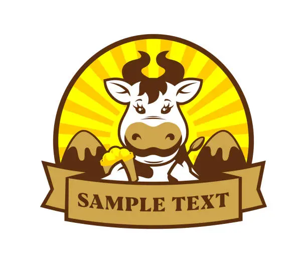 Vector illustration of Cartoon Cow character with ice cream and spoon - ice-cream sticker with replaceable text
