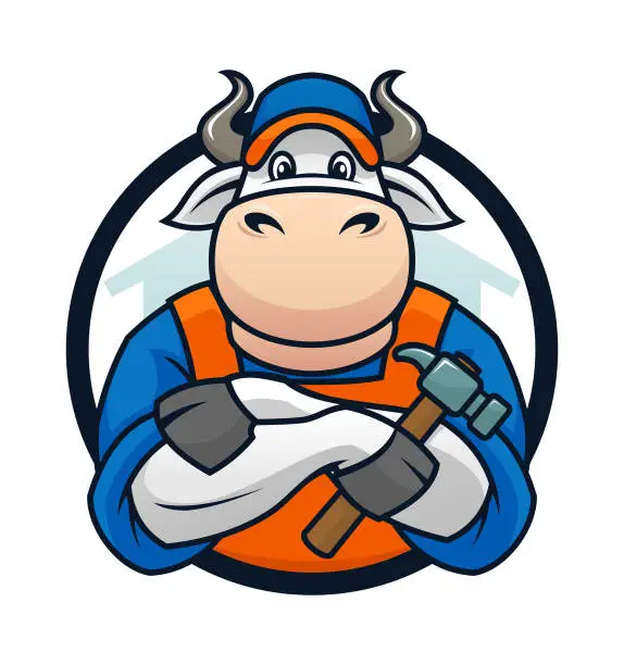 Vector illustration of Bull Handyman Mascot Cartoon Character