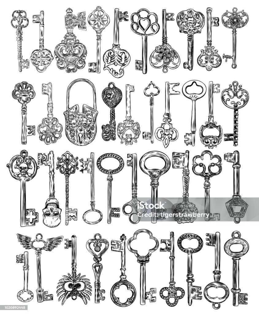 Set Of Hand Drawn Antique Keys Sketch Style Of Vintage Key On White  Background Old Design Illustration Vector Stock Illustration - Download  Image Now - iStock