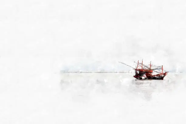 Photo of Abstract Long boat fishing on watercolor paining background and colorful splash brush to art.