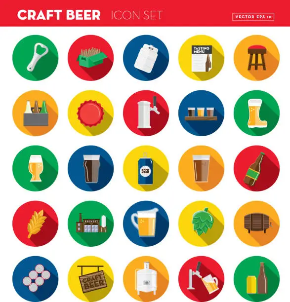 Vector illustration of Craft beer Flat Design themed Icon set with shadow