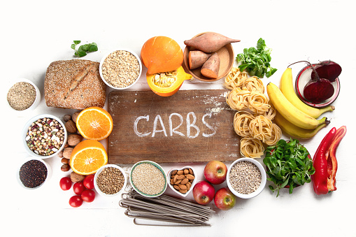 Foods high in carbohydrates. Healthy food. Top view