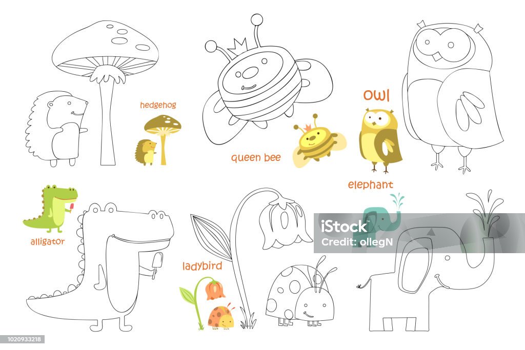 Kids coloring page set Kids coloring page. Coloring book with animal. Doodle vector illustration Cartoon stock vector