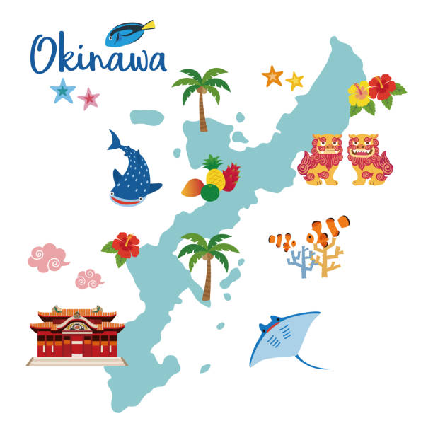 okinawa-reise-karte mit lokalen spezialitäten - shuri castle stock-grafiken, -clipart, -cartoons und -symbole