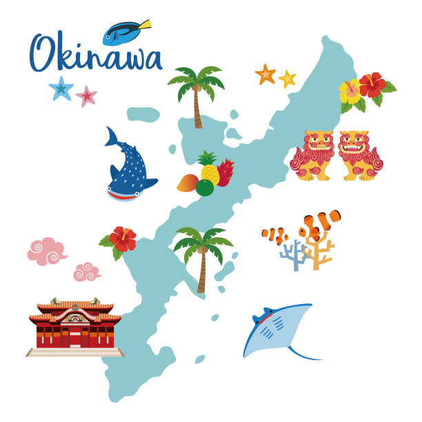 ilustraciones, imágenes clip art, dibujos animados e iconos de stock de mapa de viaje okinawa con especialidades locales - shuri castle
