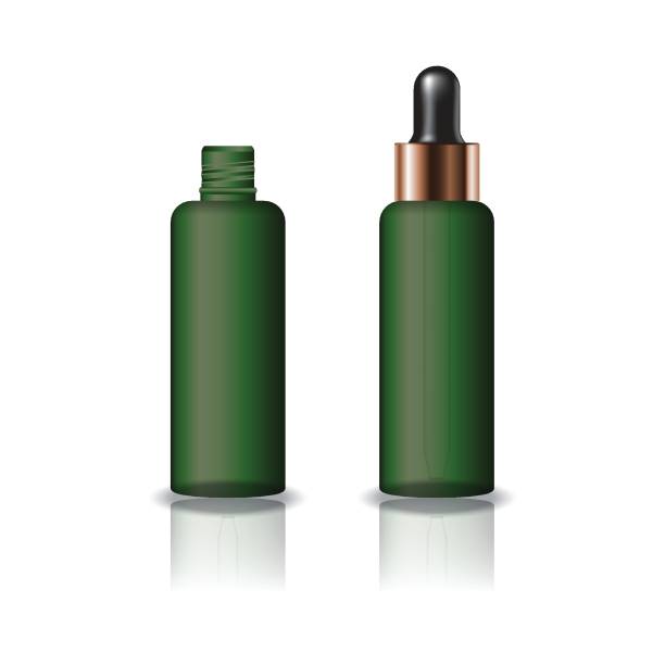 istock Blank green clear cosmetic round bottle with dropper lid for beauty product packaging. Isolated on white background with reflection shadow. Ready to use for package design. Vector illustration. 1020950094