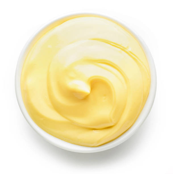 bowl of mayonnaise bowl of mayonnaise isolated on white background, top view custard stock pictures, royalty-free photos & images