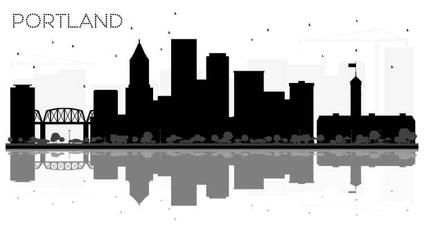 illustrazioni stock, clip art, cartoni animati e icone di tendenza di portland oregon city skyline silhouette in bianco e nero con riflessi. - portland oregon skyline cityscape silhouette