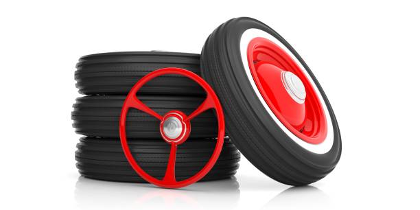 istock Car steering wheel and tyres isolated on white. 3d illustration 1020958142