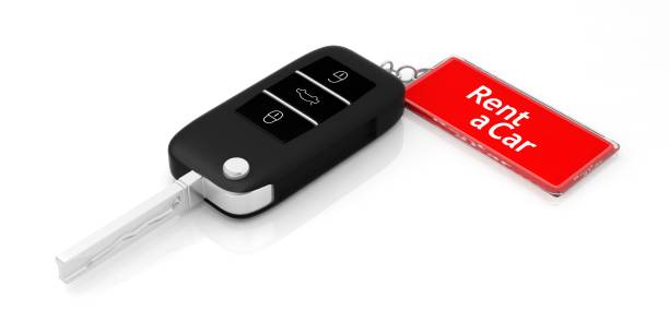 istock Rent a car label on a car key on white background. 3d illustration 1020958180