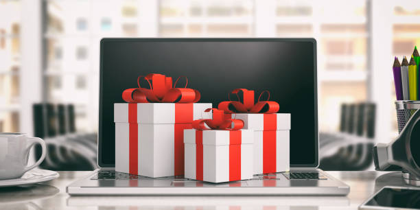 Gifts with red ribbons on an office background. 3d illustration