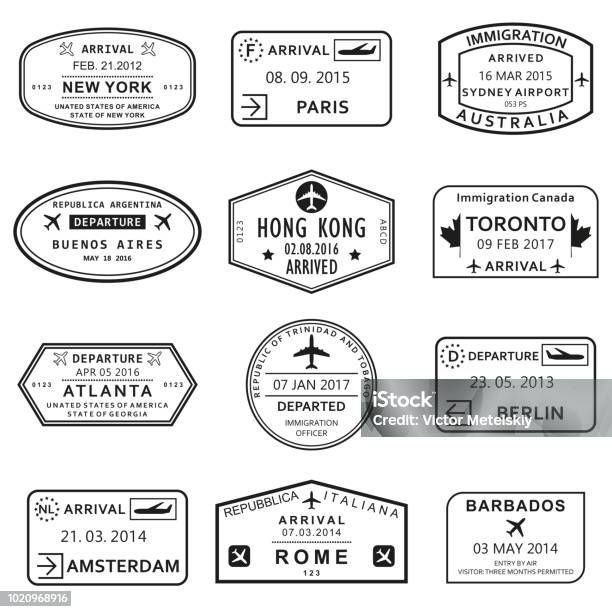 Set Di Timbri Personalizzati E Di Passaporto Di Viaggio Francobolli Per Visti Aeroportuali Internazionali Illustrazione Vettoriale - Immagini vettoriali stock e altre immagini di Timbro del passaporto