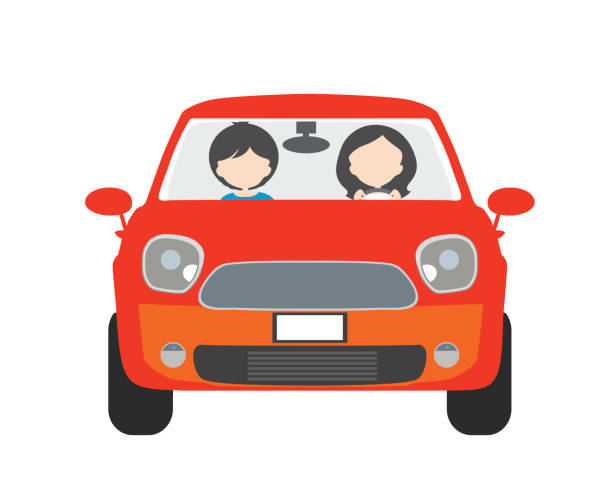 ilustrações, clipart, desenhos animados e ícones de duas pessoas, homem e mulher, sentado em um carro e dirigir em férias. utilizável para condução escolar ou taxi - vetor, design plano - car driving front view cartoon