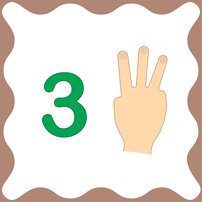 Number 3 (three), educational card, learning counting with fingers of hand, mathematics. Vector illustration.