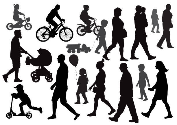 illustrations, cliparts, dessins animés et icônes de groupe de personnes va (à pied) dans des directions différentes. foule. silhouettes. vue de côté. - mother baby carriage women walking