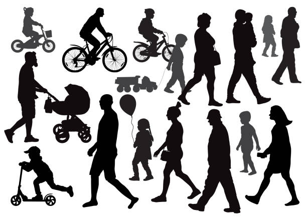 grupa ludzi idących (chodzących) w różnych kierunkach. tłum. sylwetki. widok z boku. - mother baby carriage women walking stock illustrations