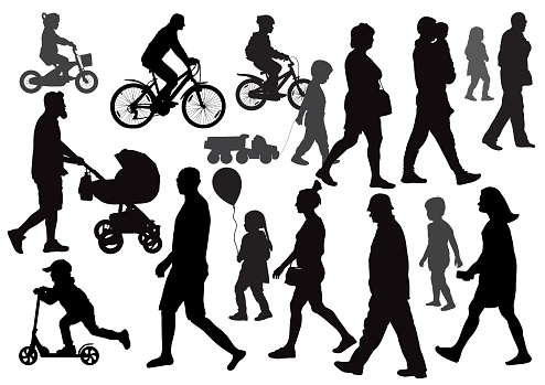 Group of people going (walking) in different directions. Crowd. Silhouettes. Side view.