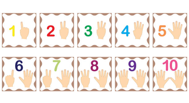 ilustraciones, imágenes clip art, dibujos animados e iconos de stock de el aprendizaje de los números, las matemáticas con los dedos de la mano. set de tarjetas con números del 1 al 10. juego para niños. ilustración de vector. - number 10 flash