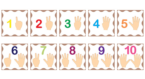 Learning numbers, mathematics with fingers of hand. Flash cards with numbers from 1 to 10, set. Game for children. Vector illustration.