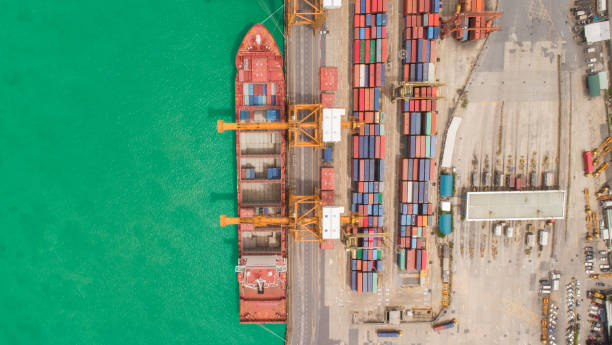 istock Aerial view container ship from sea port for import  export or transportation concept background. 1021003638
