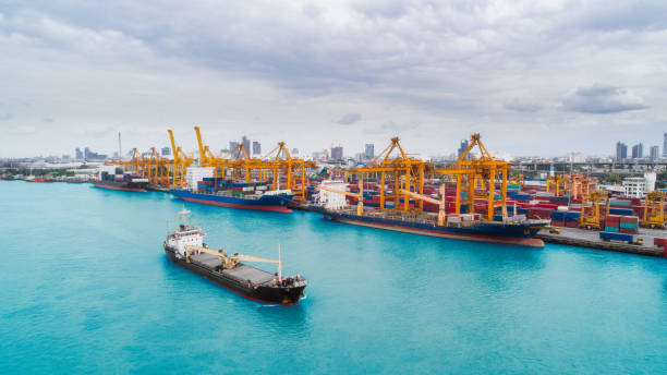 istock Aerial view container ship from sea port for import  export or transportation concept background. 1021004370