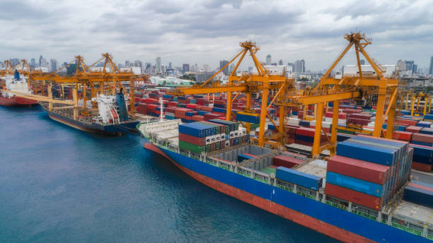 istock Aerial view container ship from sea port for import  export or transportation concept background. 1021004538