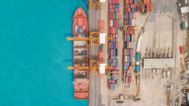 istock Aerial view container ship from sea port for import  export or transportation concept background. 1021004648