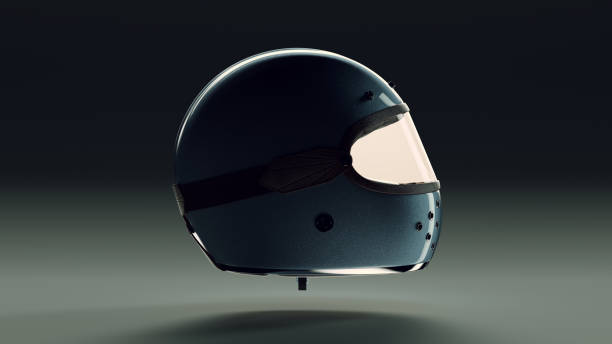 istock Blue Metallic Motorcycle Helmet with Goggles Backlit Side View 1021011852