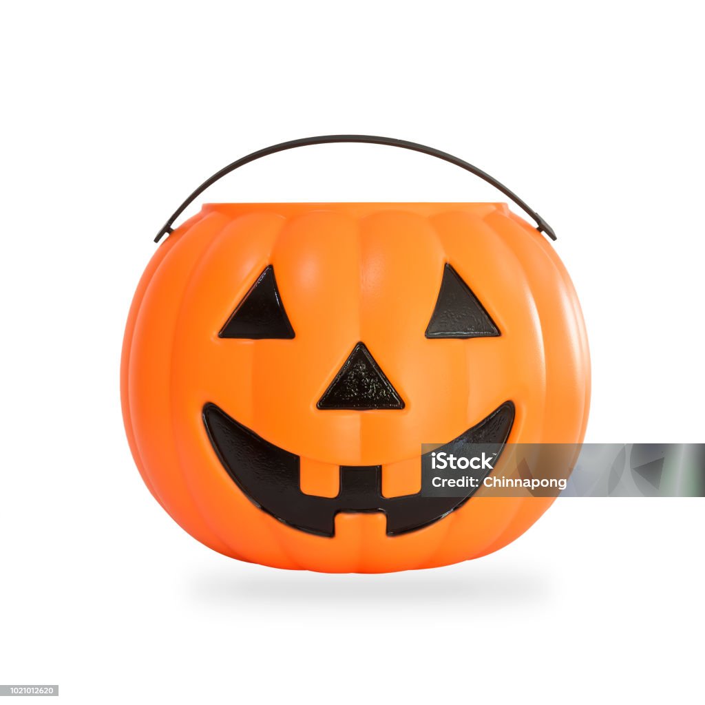 Pumpkin basket isolated on white background (clipping path) for kid collecting candy Jack o'lantern basket , trick or treat on Halloween day celebration Halloween Stock Photo