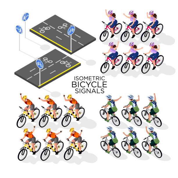set for cycling. Hand signals for cyclists, road signs for cyclists. isometric 3d set for cycling. Hand signals for cyclists, road signs for cyclists. isometric 3d markup stock illustrations