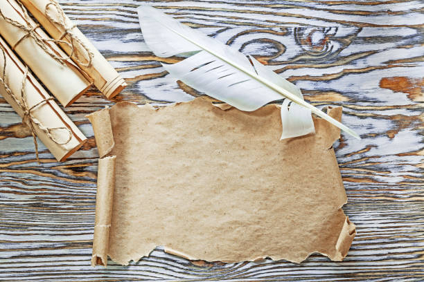 istock Vintage paper scrolls parchment quill on wooden board 1021026156