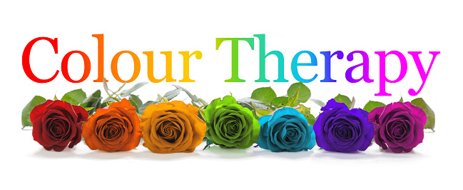 A row of seven rose heads in red, orange, yellow, green, turquoise, indigo and magenta with a graduated rainbow coloured Colour Healing phrase positioned above