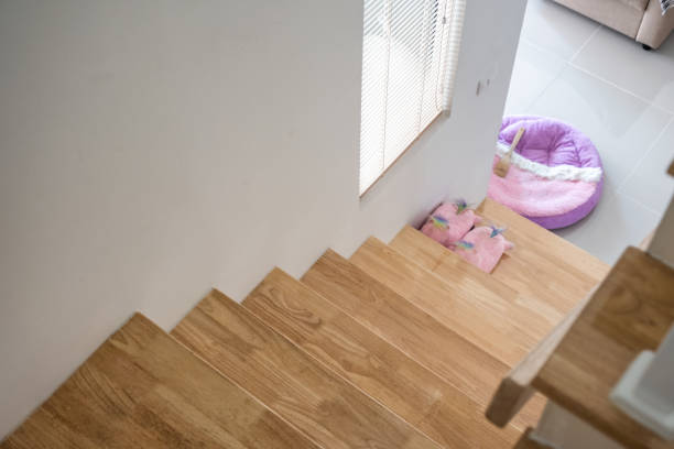 istock Design wooden stairs down with curtain 1021031252