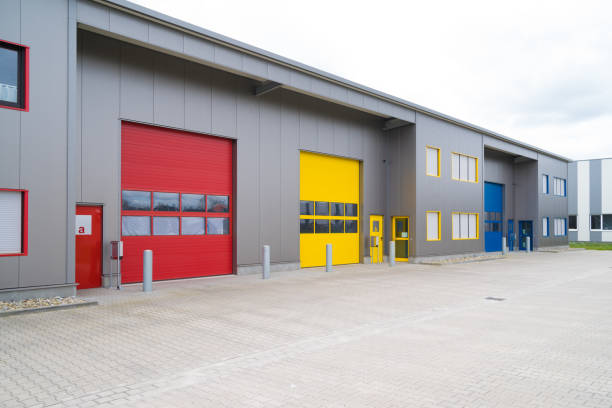 red and yellow loading docks stock photo