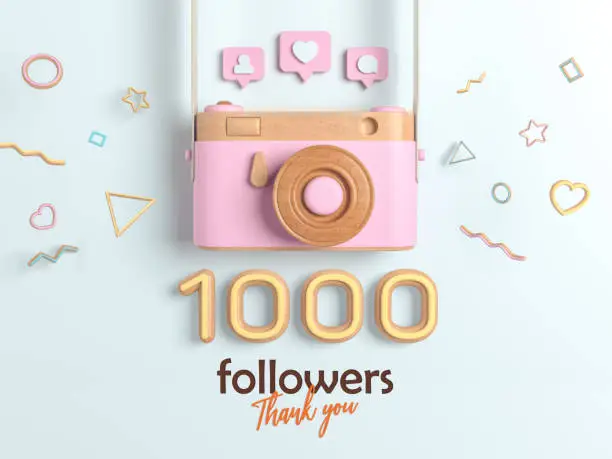 Photo of 1k or 1000 followers thank you, Pink Retro Photo Camera and multicolor Figures. 3D Illustration for Social Network friends, followers, Web user Thank you celebrate of subscribers.