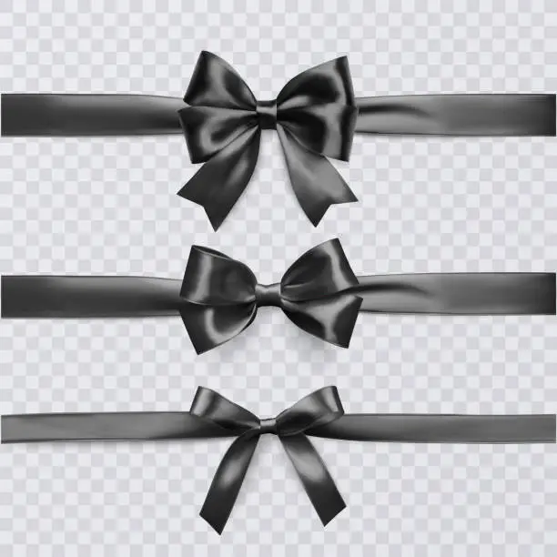 Vector illustration of Set of decorative black bows with horizontal ribbon isolated on transparent background, bow and ribbon for gift decor, vector illustration