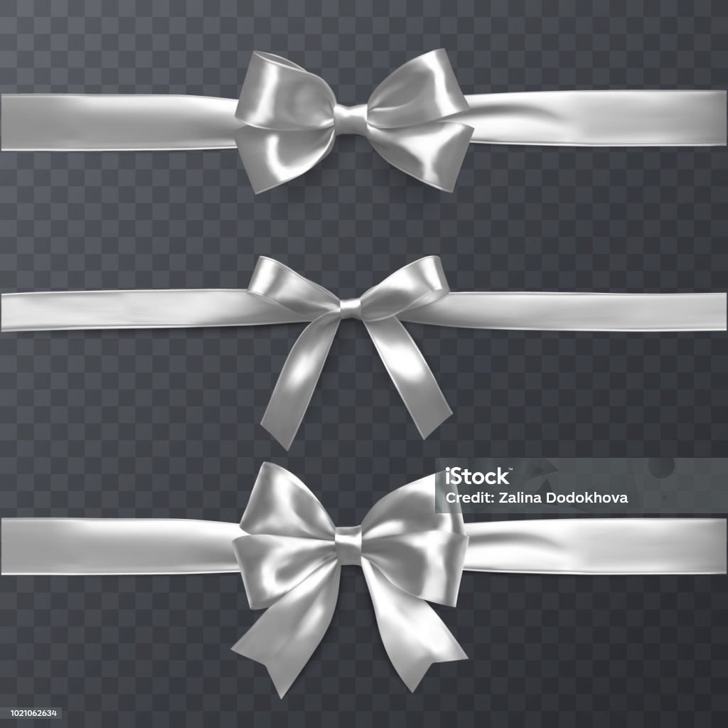 Set of decorative white bows with horizontal ribbon isolated on transparent background, bow and ribbon for gift decor, vector illustration Set of decorative white bows with horizontal ribbon isolated on transparent background, bow and ribbon for gift decor, vector eps 10 illustration Silver Colored stock vector