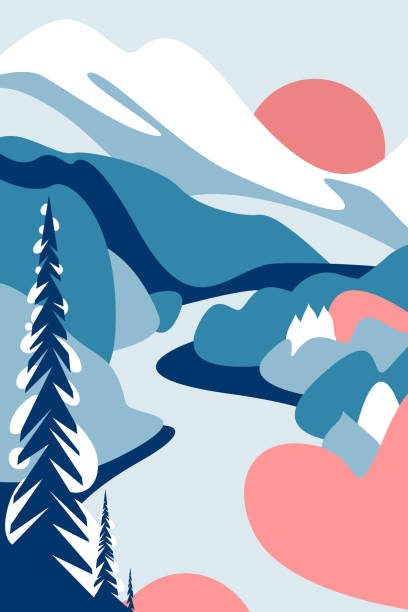 ilustrações de stock, clip art, desenhos animados e ícones de mountain winter landscape from the foot, slopes, glaciers and snow cap. firs in the snow, forests and trees, river. banner for tourism, ecology, preservation of the environment. vector illustration. - sunset winter mountain peak european alps