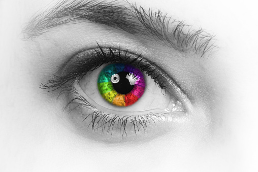 Girl colorful and natural rainbow eye on white background.